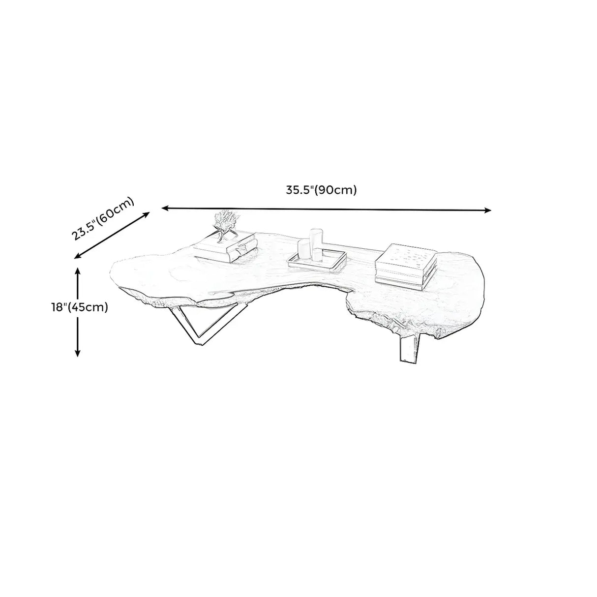 Irregular Red Wood Top Sled Steel Base Coffee Table
