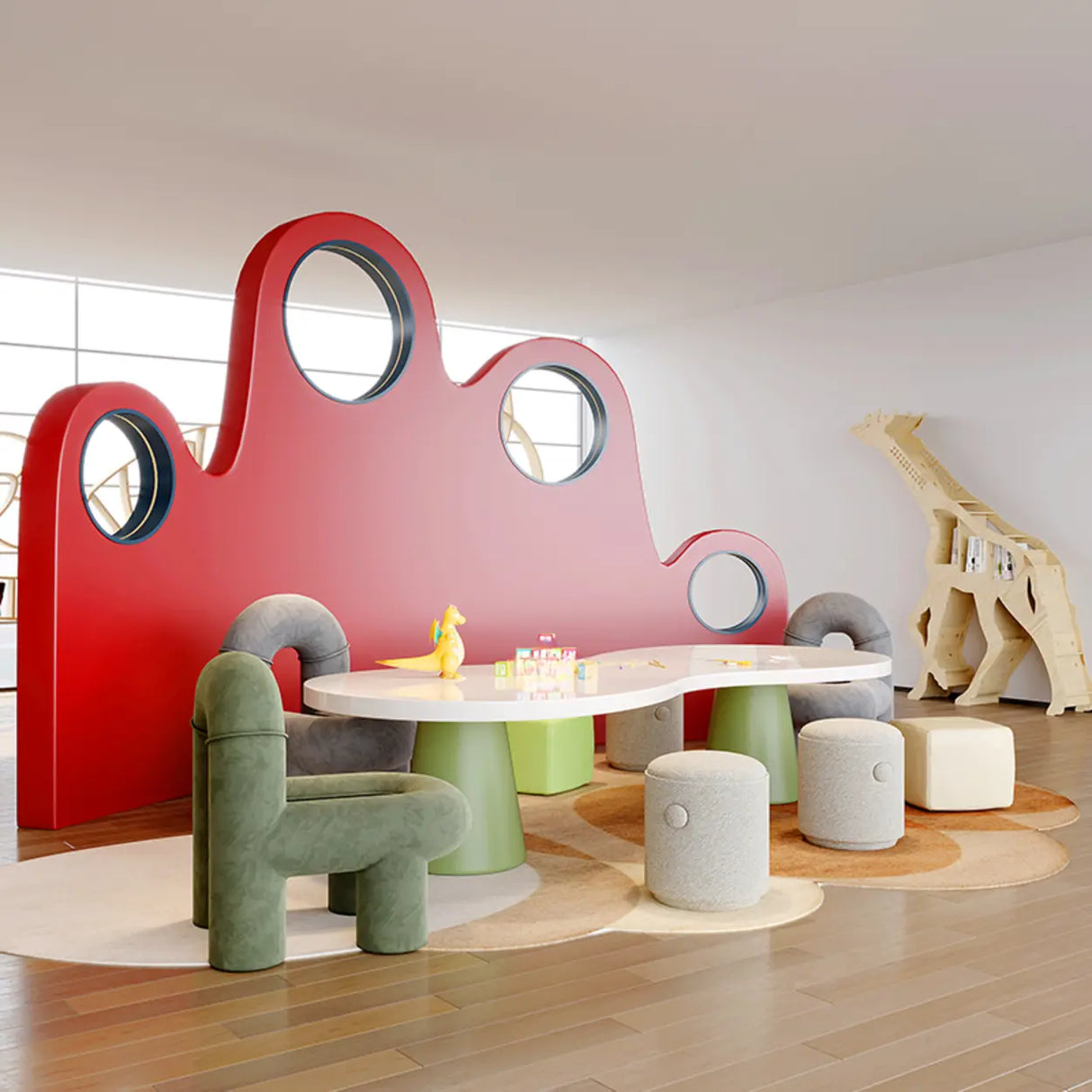 Irregular Shape White Wooden Kids Desk for Multi-Person Image - 3