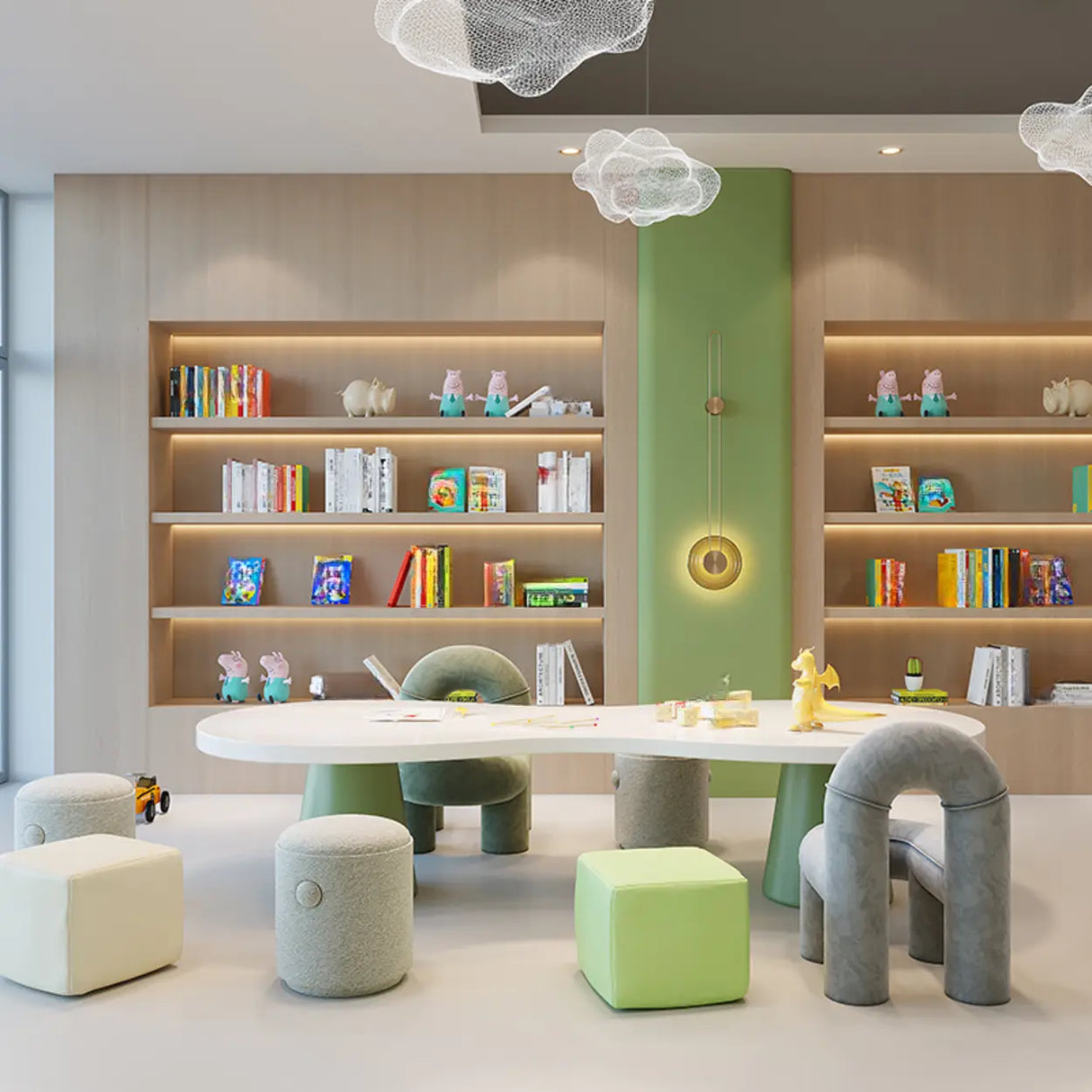 Irregular Shape White Wooden Kids Desk for Multi-Person Image - 4