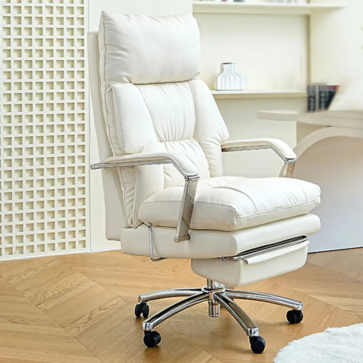 Ivory Adjustable High-Back Footrest Headrest Office Chair Image - 1