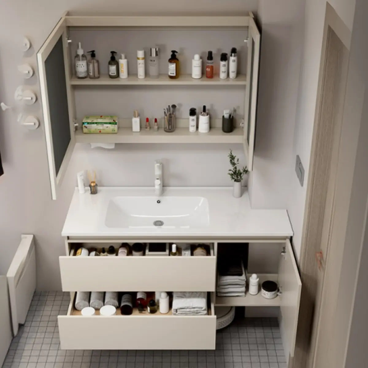 Ivory Drawers and Shelves Wood Storage Bathroom Vanity Image - 1