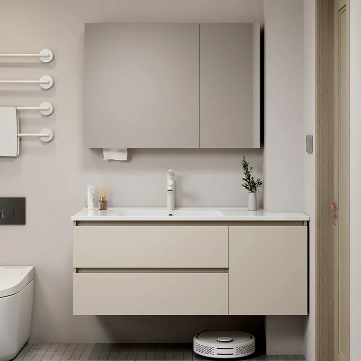 Ivory Drawers and Shelves Wood Storage Bathroom Vanity Image - 2