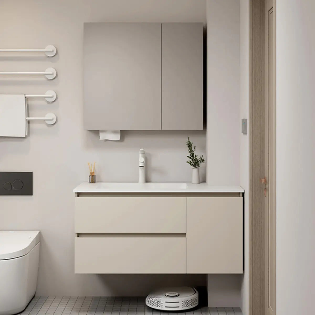 Ivory Drawers and Shelves Wood Storage Bathroom Vanity Image - 3