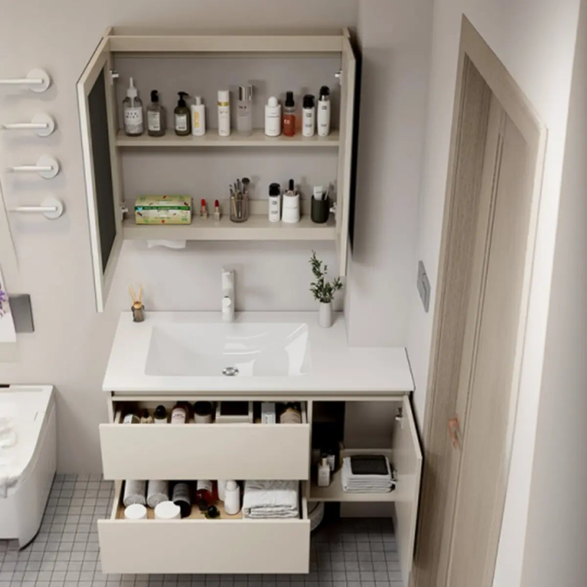 Ivory Drawers and Shelves Wood Storage Bathroom Vanity Image - 4