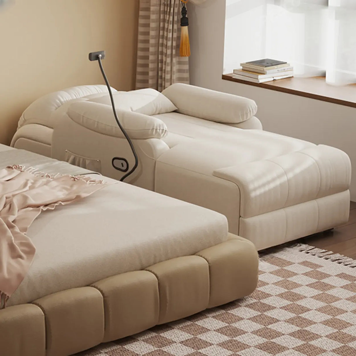 Ivory Electric Cushioned Recliner Storage Chaise Sofa Image - 5