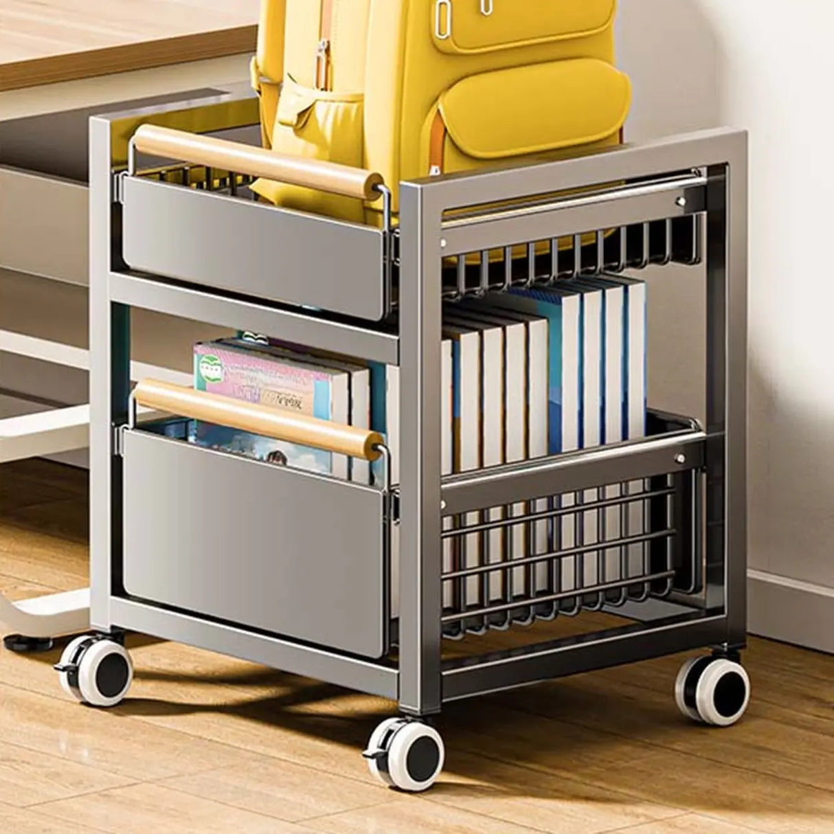 Ivory Gun Grey Metal Frame Utility Cart with Shelves Image - 3