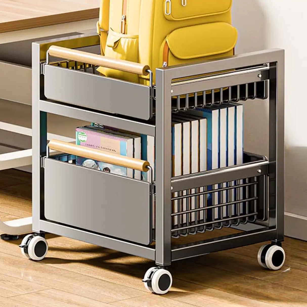 Ivory Gun Grey Metal Frame Utility Cart with Shelves Image - 6