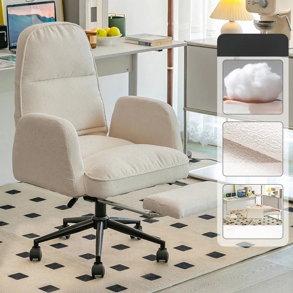 Ivory Swivel Adjustable Upholstered Footrest Office Chair Image - 1