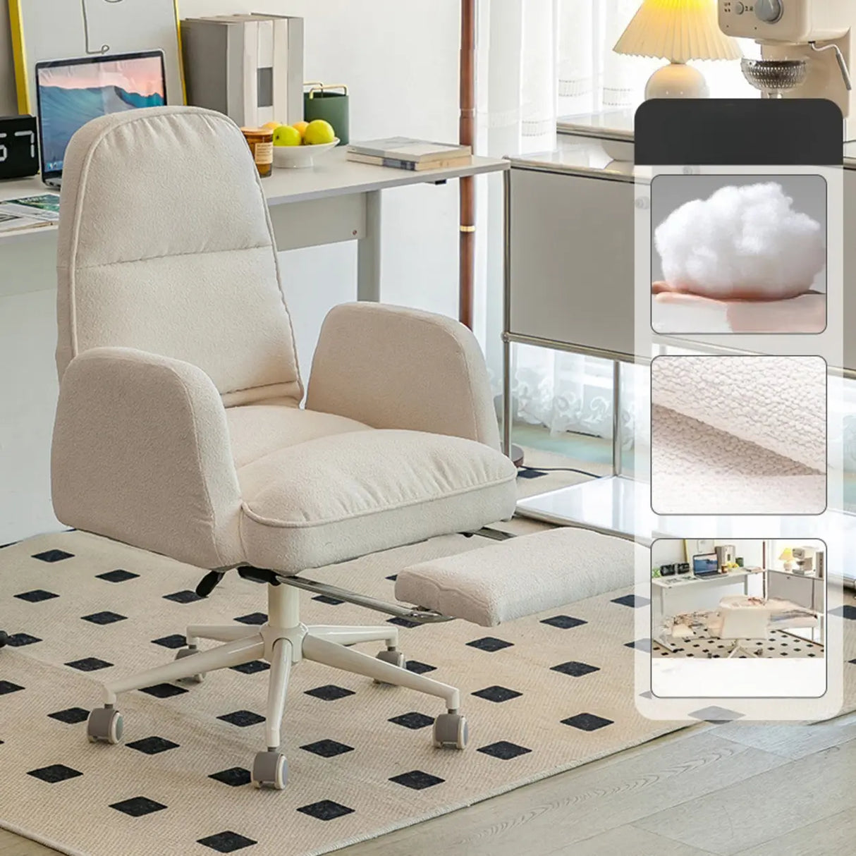 Ivory Swivel Adjustable Upholstered Footrest Office Chair Image - 2