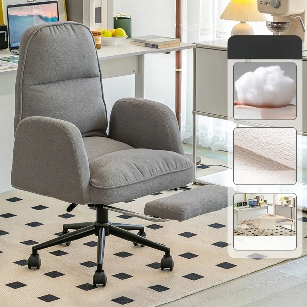 Ivory Swivel Adjustable Upholstered Footrest Office Chair Image - 3