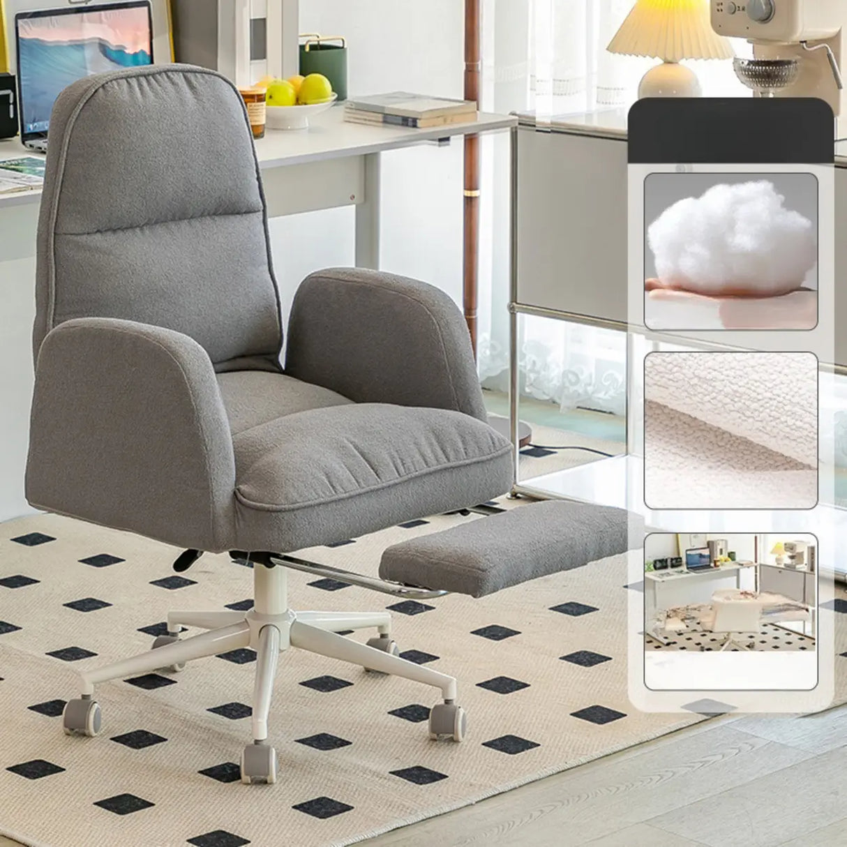 Ivory Swivel Adjustable Upholstered Footrest Office Chair Image - 4