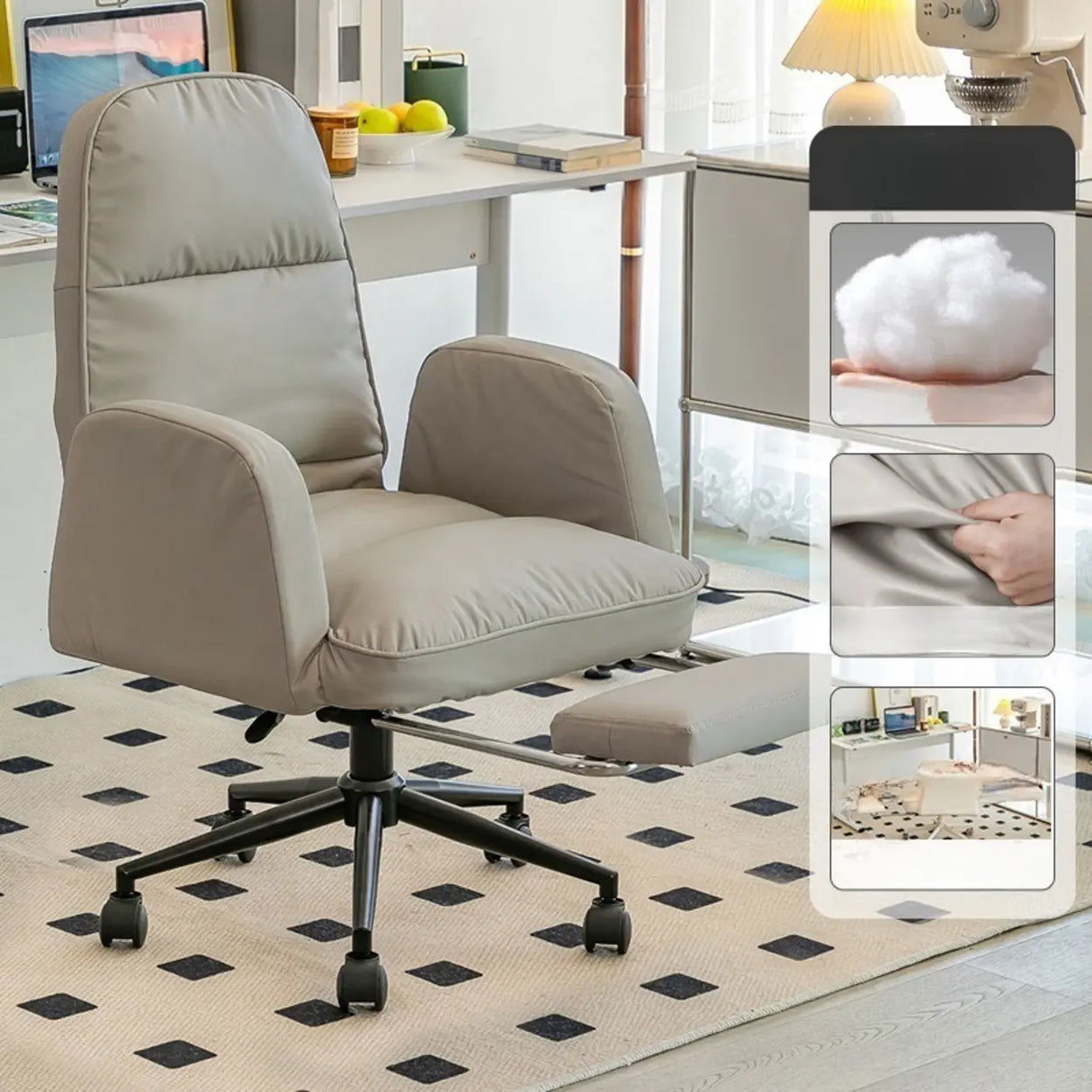 Ivory Swivel Adjustable Upholstered Footrest Office Chair Image - 5