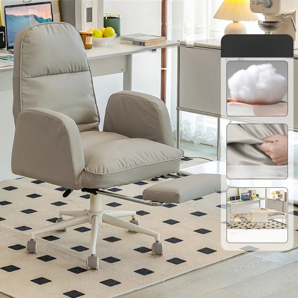 Ivory Swivel Adjustable Upholstered Footrest Office Chair Image - 6