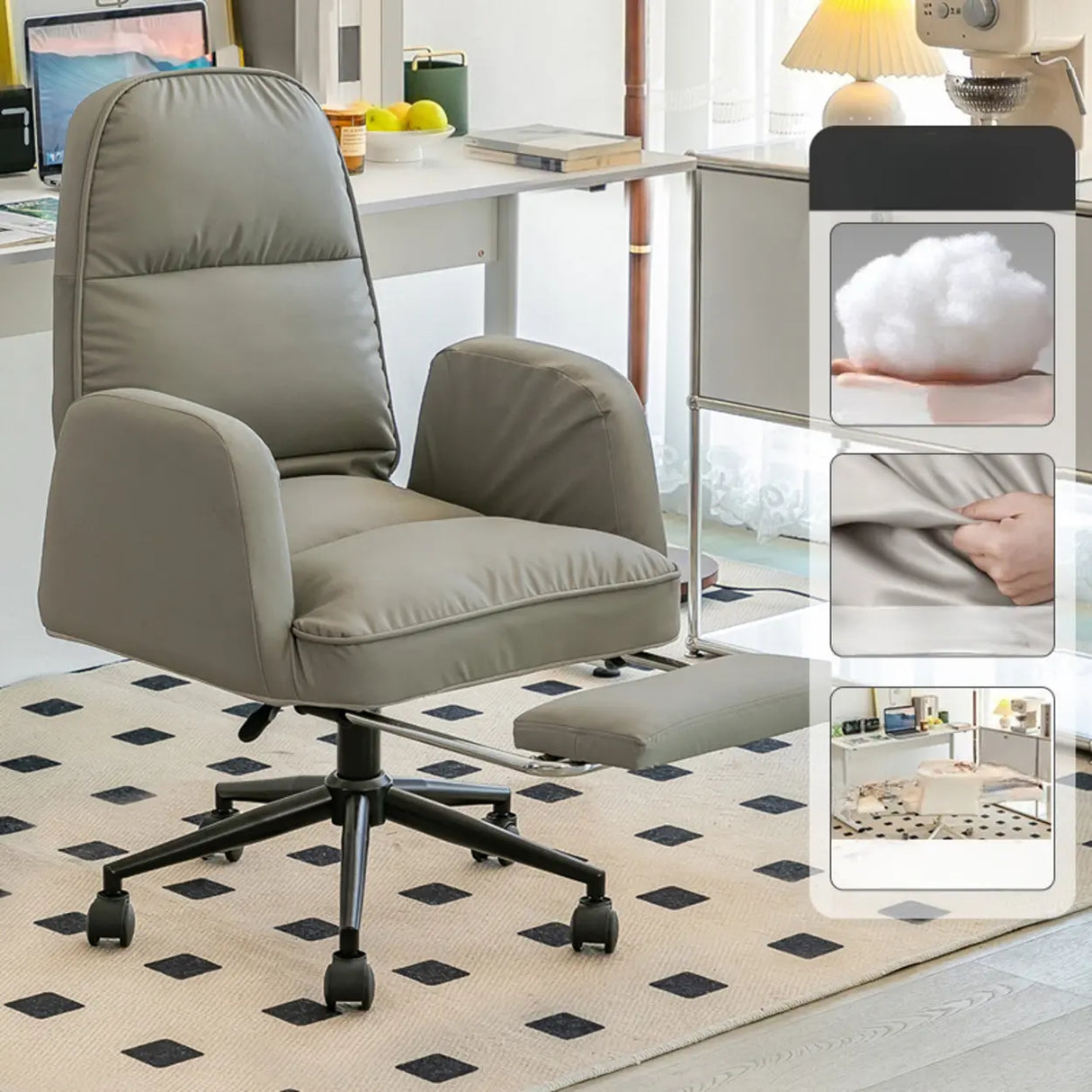 Ivory Swivel Adjustable Upholstered Footrest Office Chair Image - 7