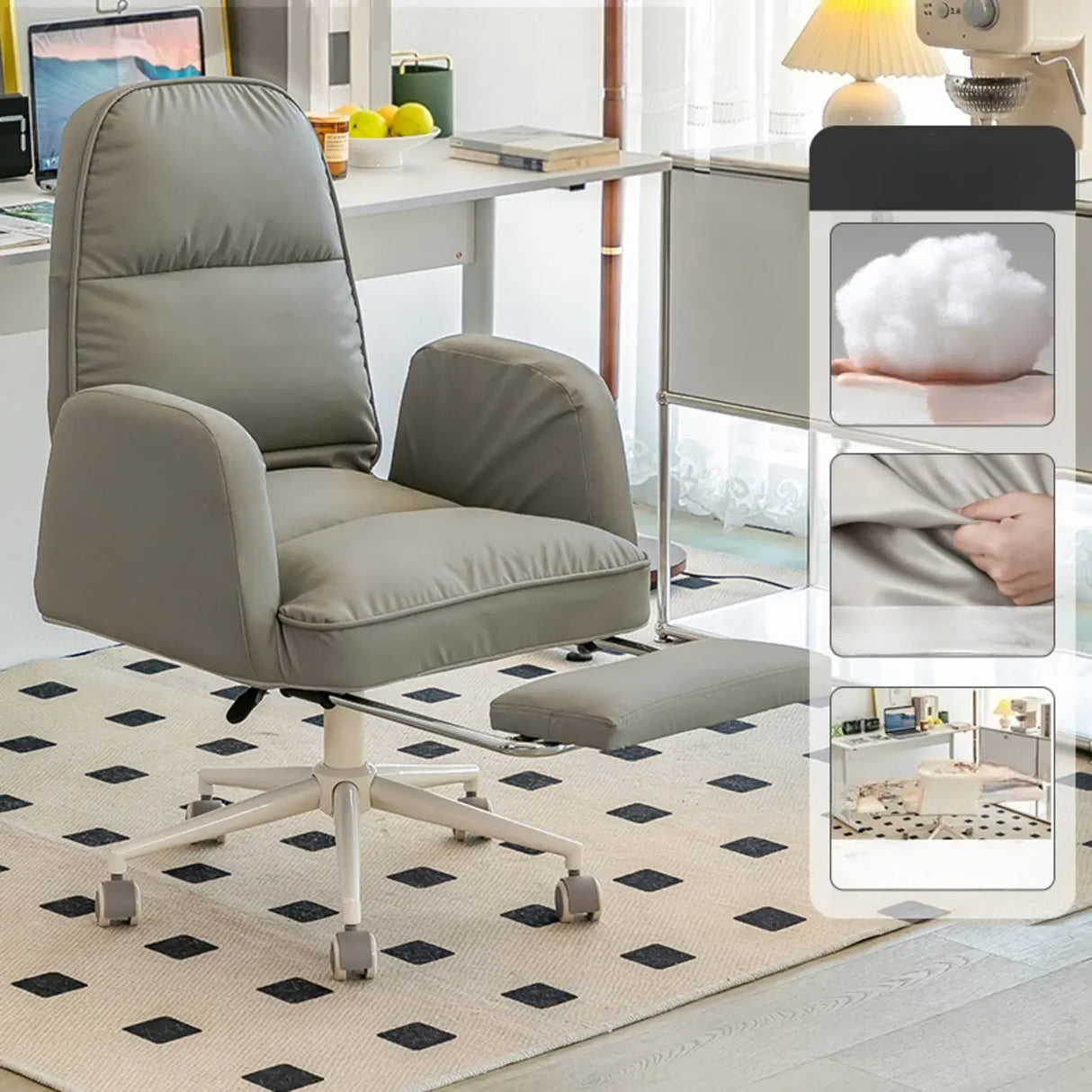 Ivory Swivel Adjustable Upholstered Footrest Office Chair Image - 8
