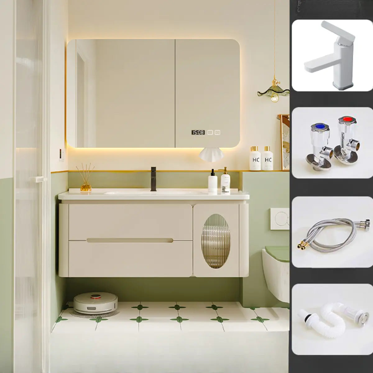 Ivory Wall Mounted Wood Storage Bathroom Vanity with Sink Image - 4