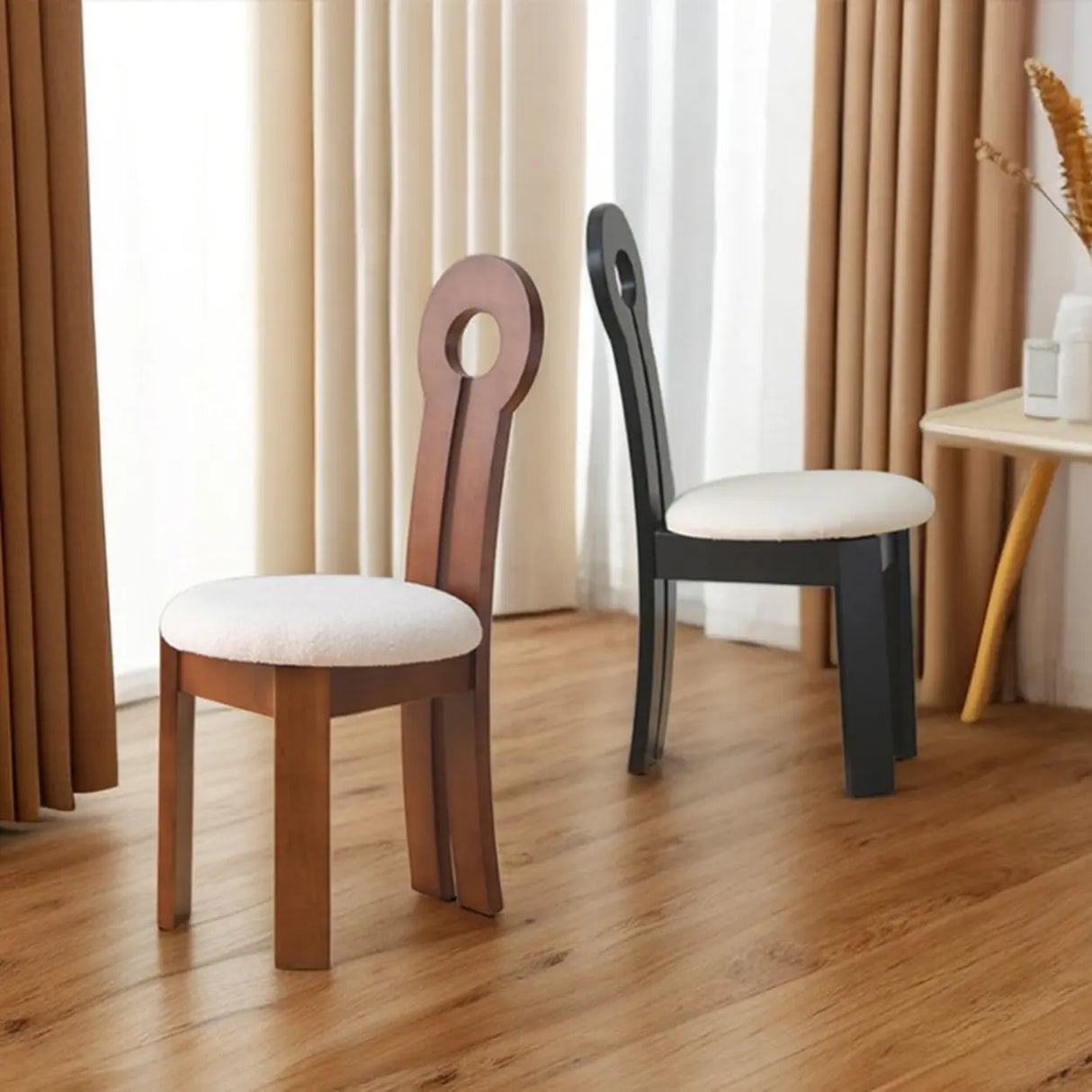 Key Slat Back Sherpa Curved Wood Side Dining Chair Black Image - 2