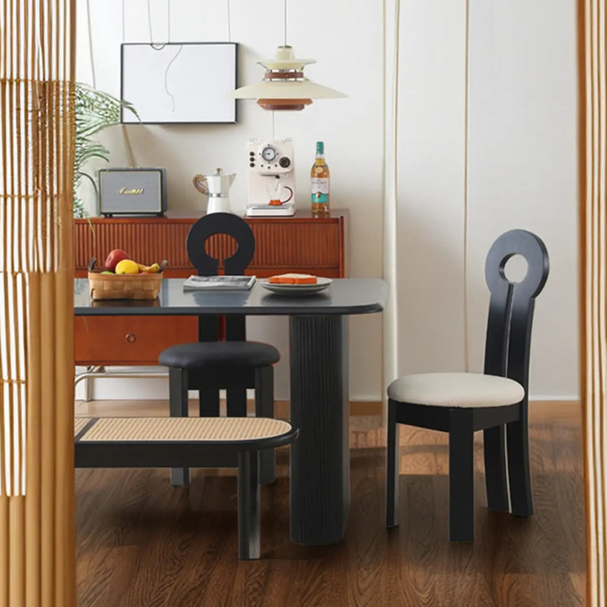 Key Slat Back Sherpa Curved Wood Side Dining Chair Black Image - 4