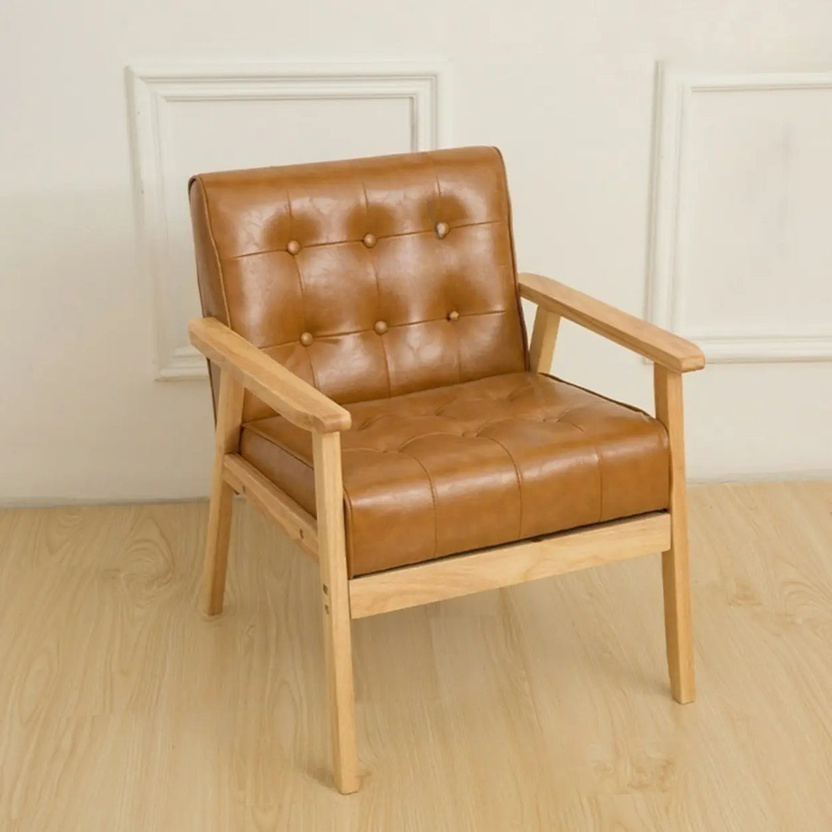 Khaki Oiled Leather Tufted Back Wood Frame Lounge Chair Image - 1