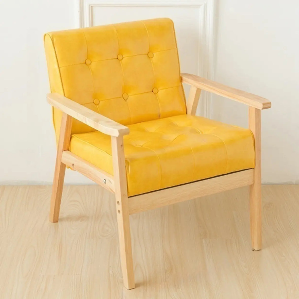 Khaki Oiled Leather Tufted Back Wood Frame Lounge Chair Image - 10