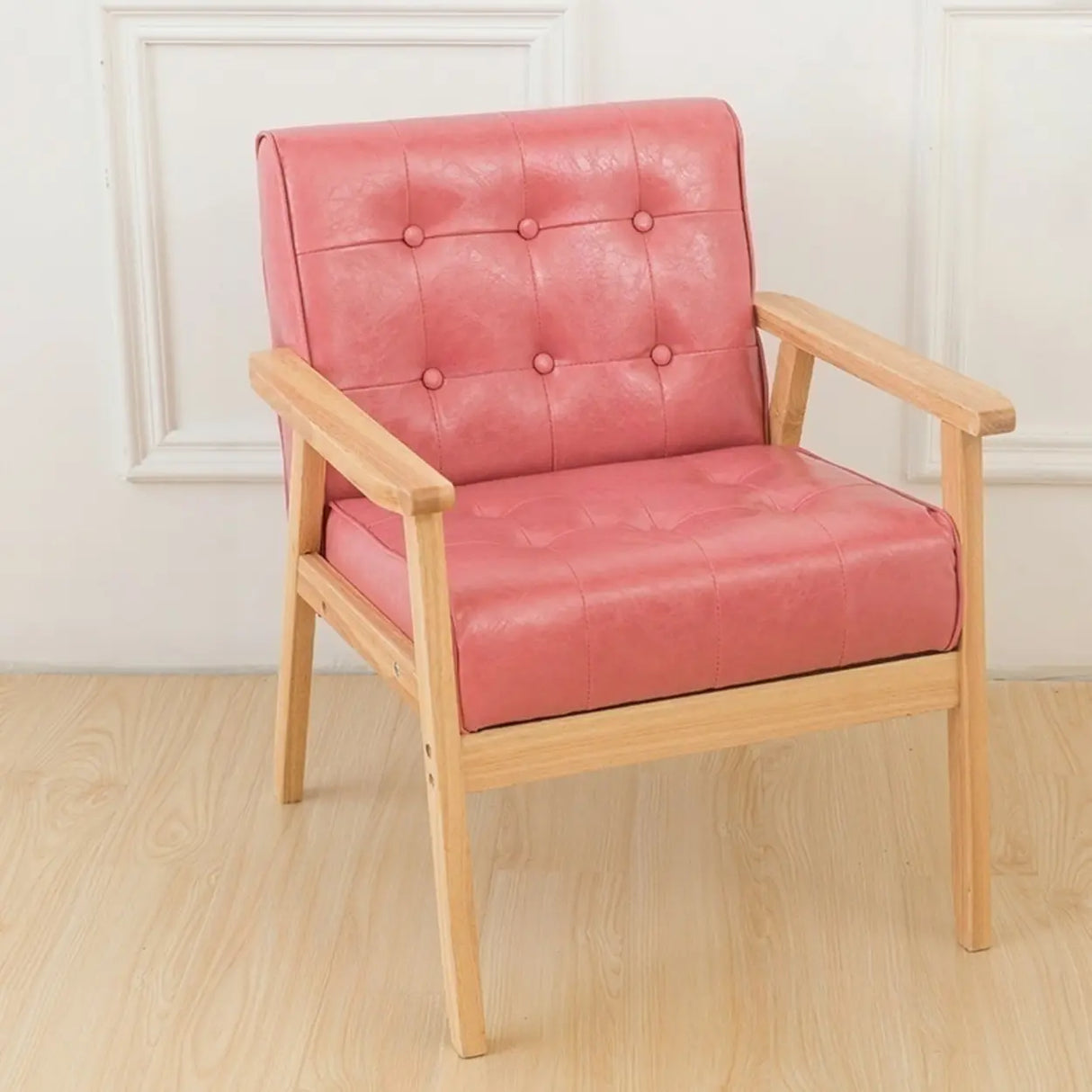 Khaki Oiled Leather Tufted Back Wood Frame Lounge Chair Image - 12