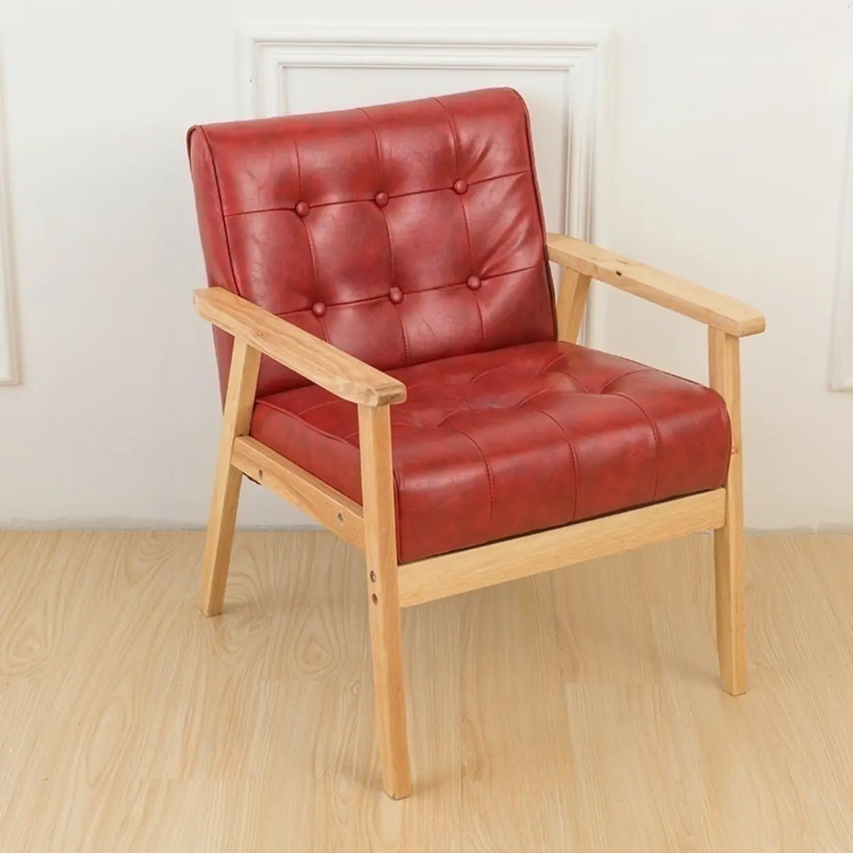 Khaki Oiled Leather Tufted Back Wood Frame Lounge Chair Image - 14