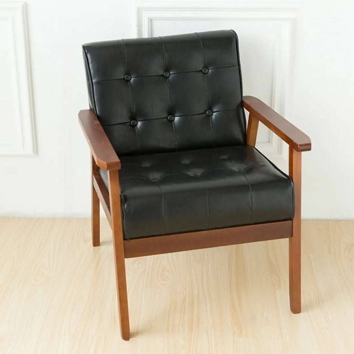 Khaki Oiled Leather Tufted Back Wood Frame Lounge Chair Image - 16