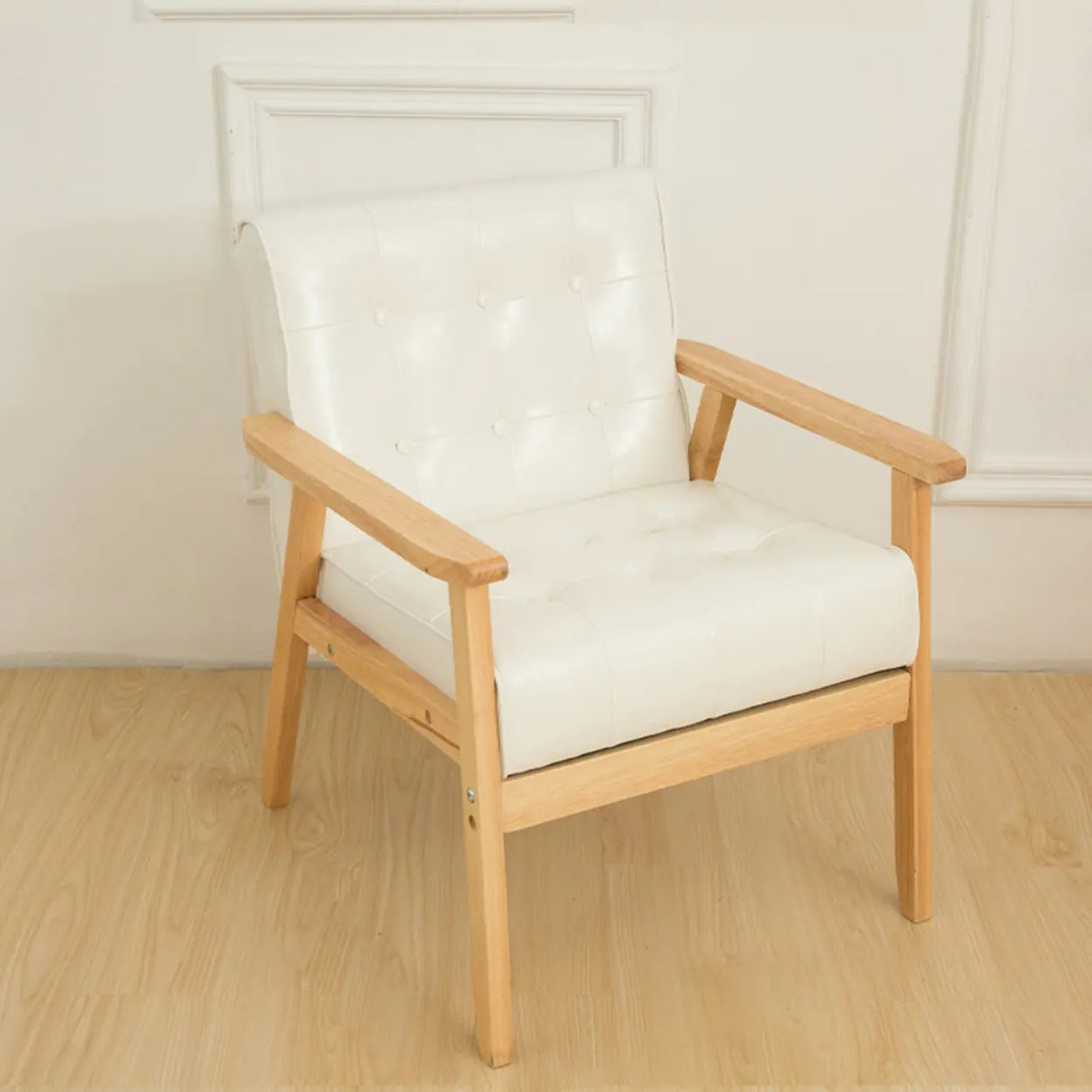 Khaki Oiled Leather Tufted Back Wood Frame Lounge Chair Image - 17