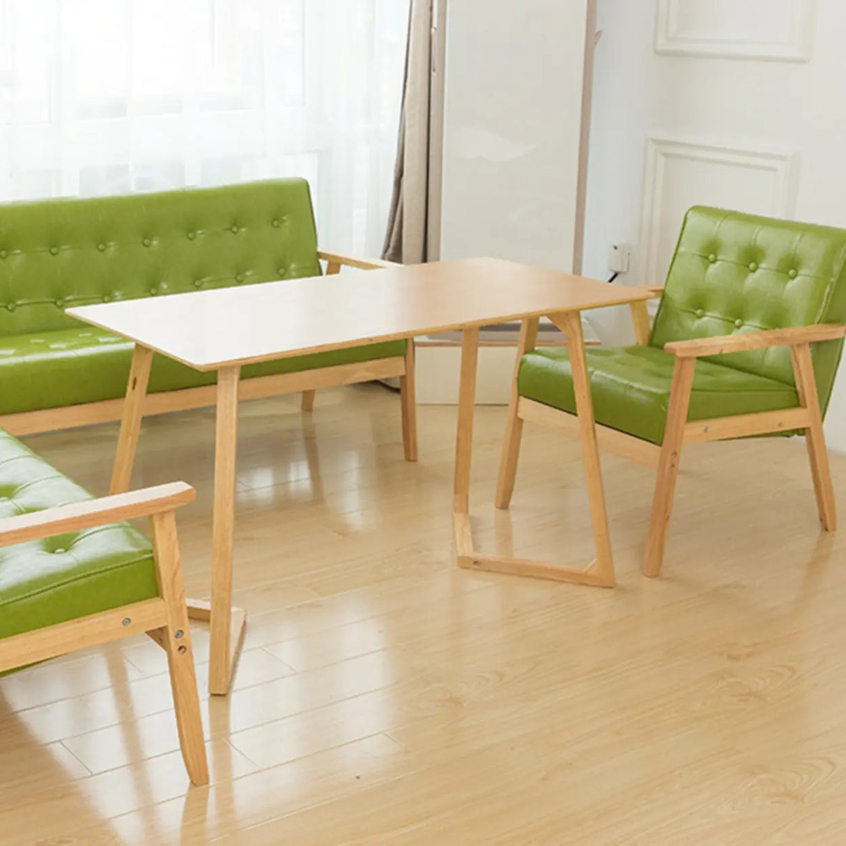 Khaki Oiled Leather Tufted Back Wood Frame Lounge Chair Image - 18