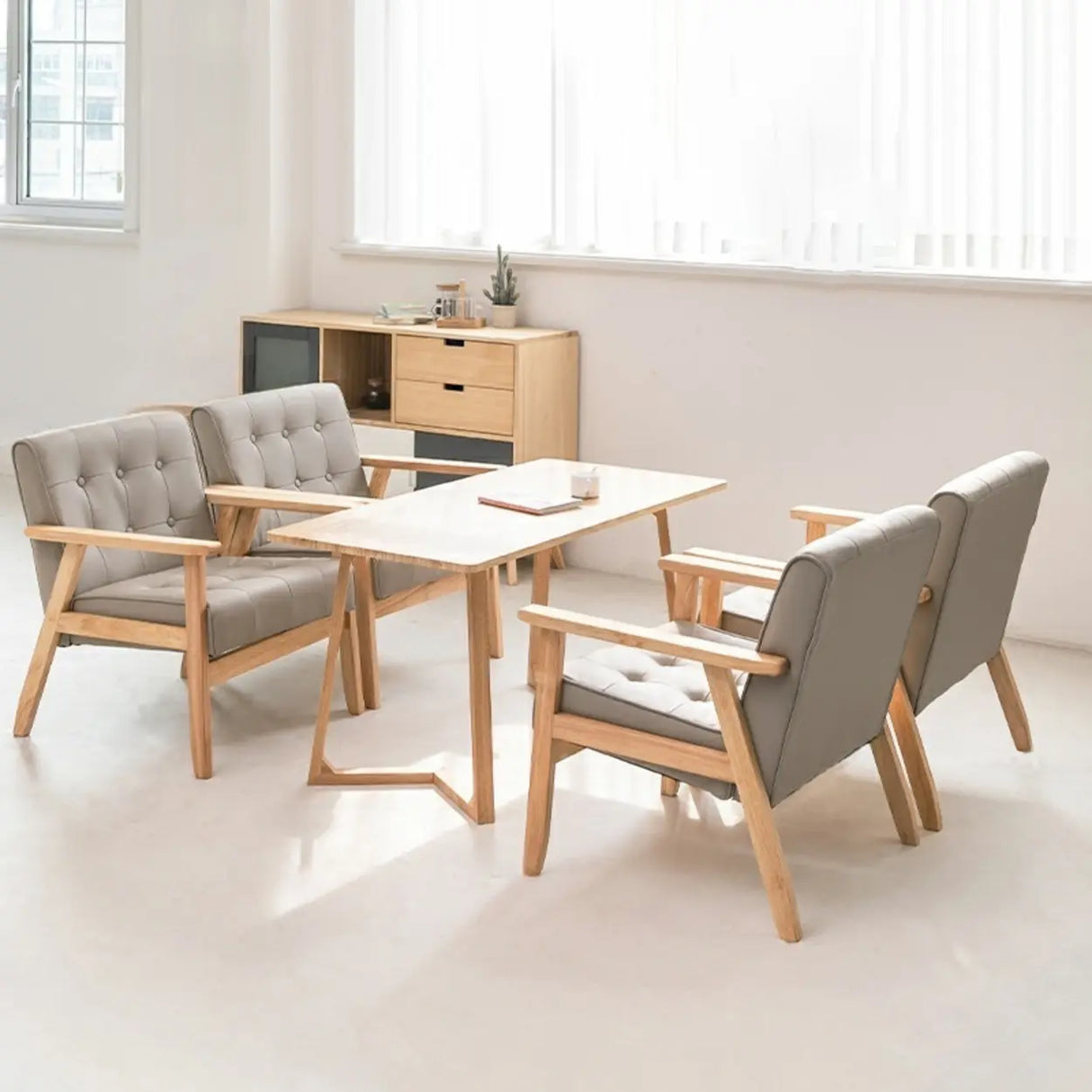 Khaki Oiled Leather Tufted Back Wood Frame Lounge Chair Image - 19