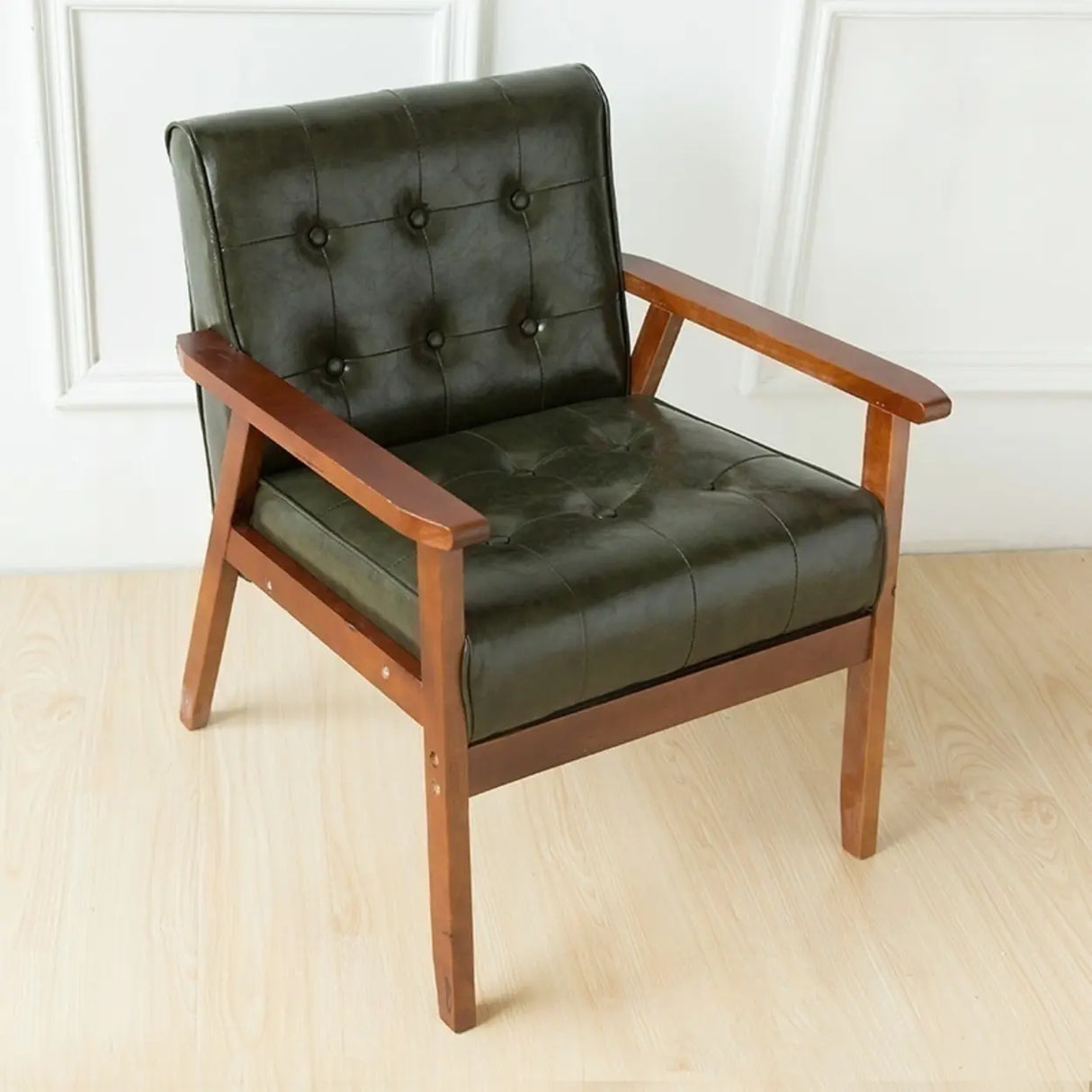 Khaki Oiled Leather Tufted Back Wood Frame Lounge Chair Image - 3