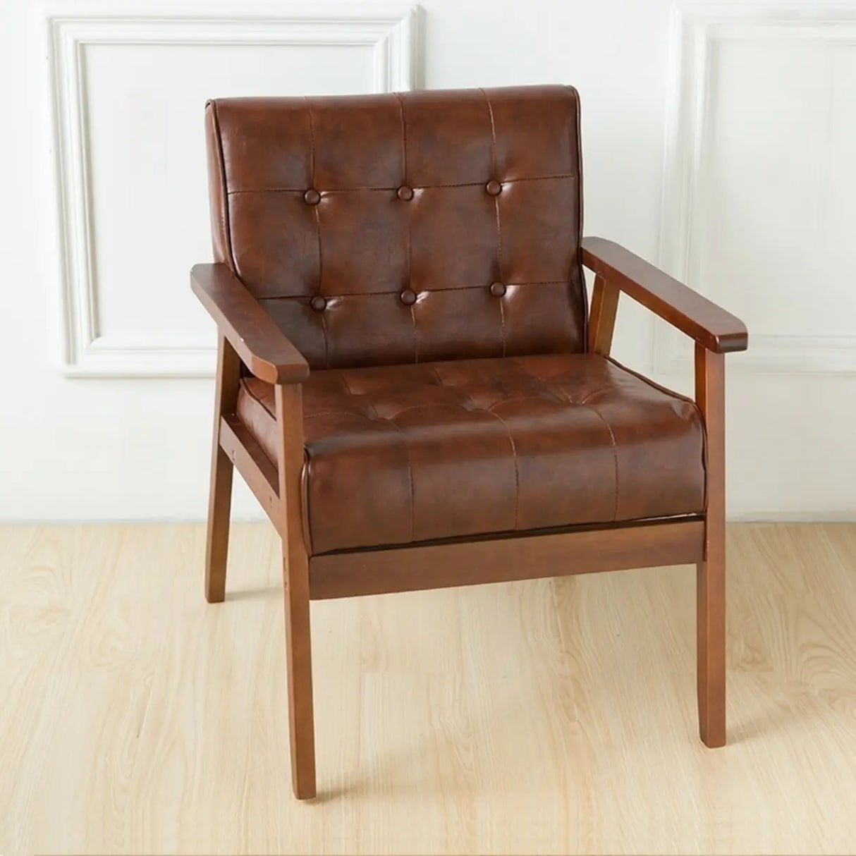 Khaki Oiled Leather Tufted Back Wood Frame Lounge Chair Image - 4