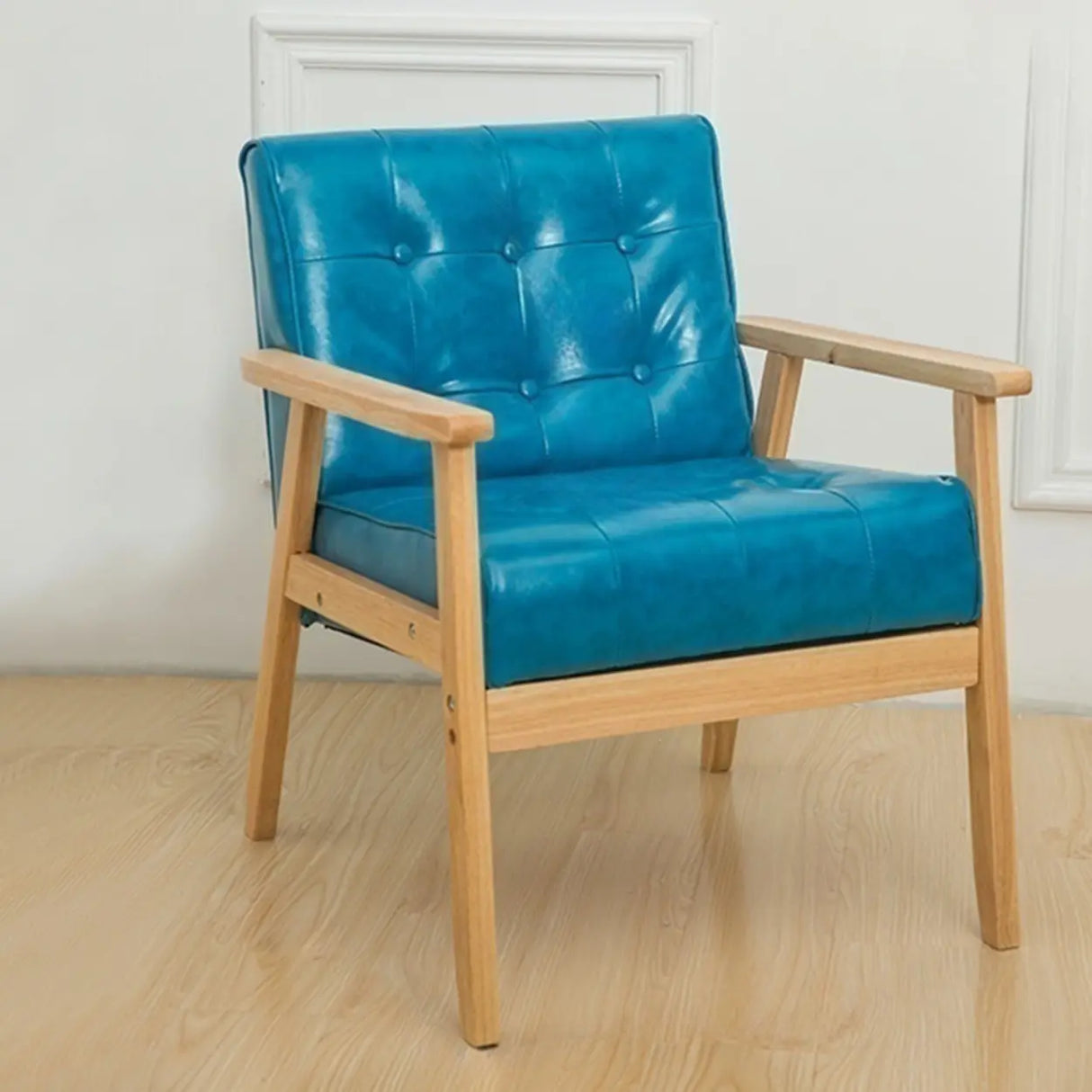 Khaki Oiled Leather Tufted Back Wood Frame Lounge Chair Image - 5