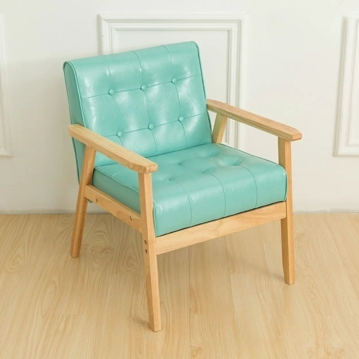 Khaki Oiled Leather Tufted Back Wood Frame Lounge Chair Image - 6