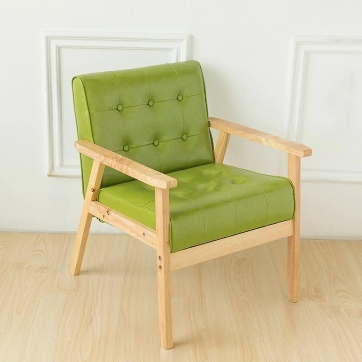 Khaki Oiled Leather Tufted Back Wood Frame Lounge Chair Image - 7