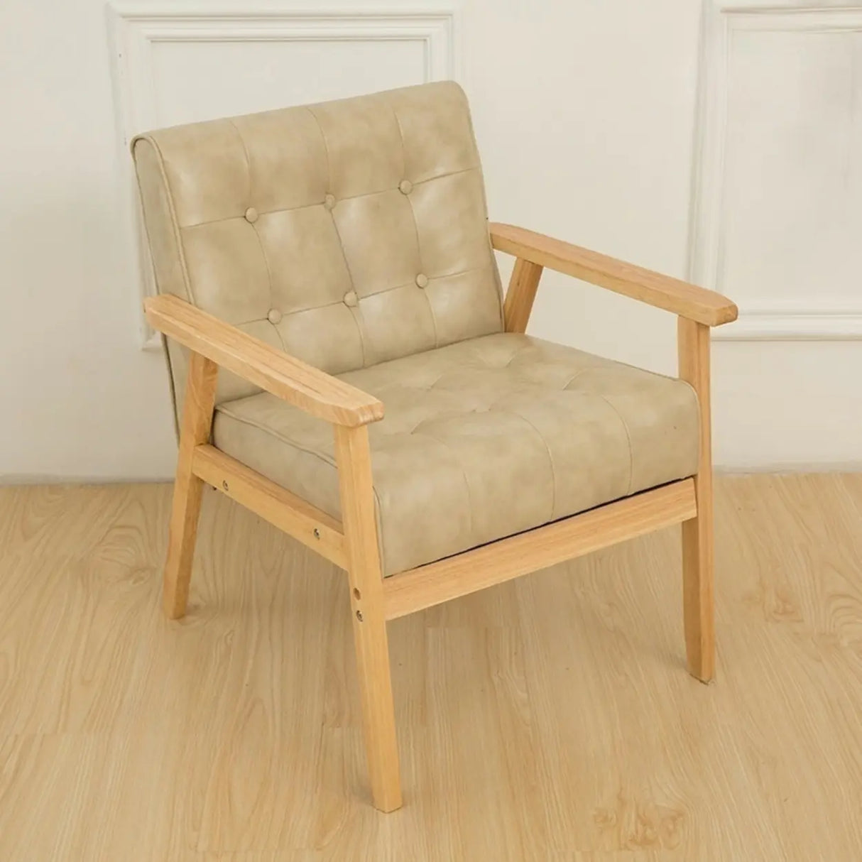 Khaki Oiled Leather Tufted Back Wood Frame Lounge Chair Image - 8