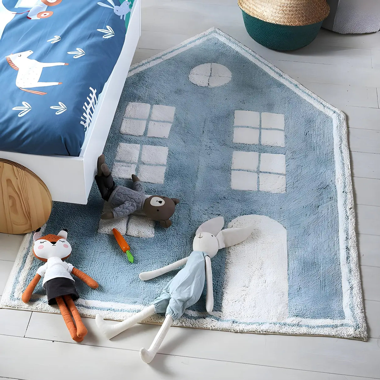 Kids Cartoon House Rug Synthetic Blue Area Rug Image - 1