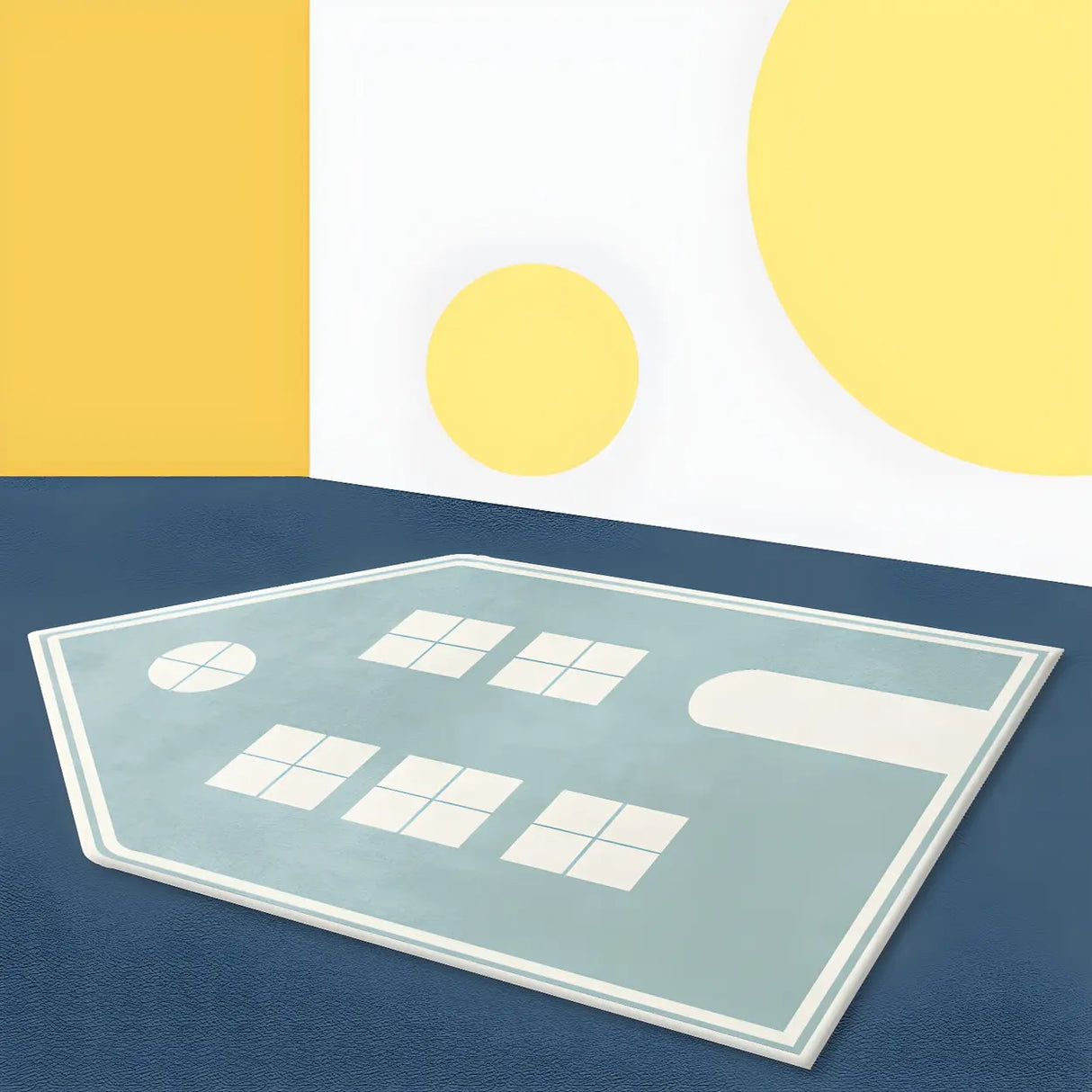 Kids Cartoon House Rug Synthetic Blue Area Rug Image - 7