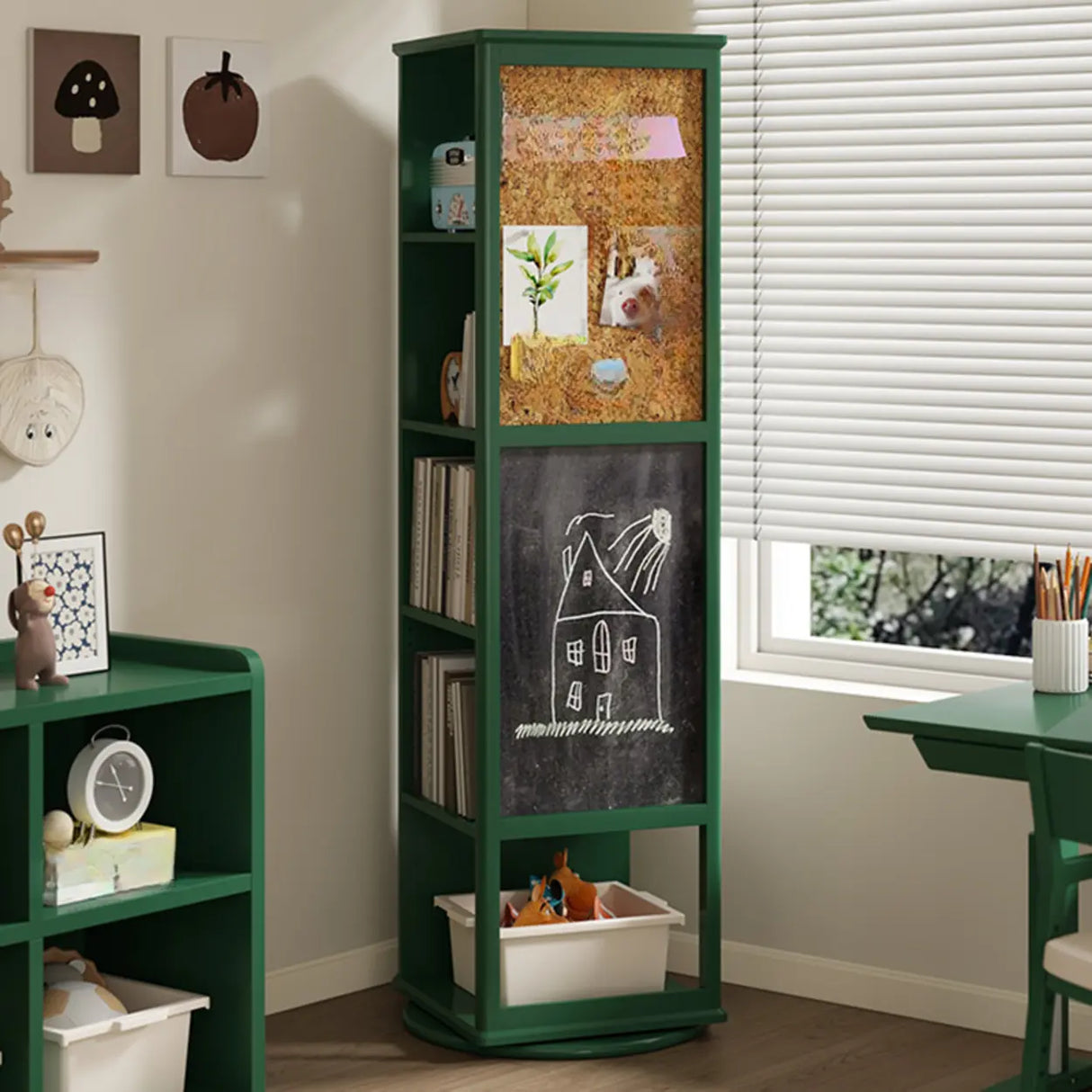 Kids Narrow Vertical Corner Rotating Wood Bookshelf Tower Image - 4