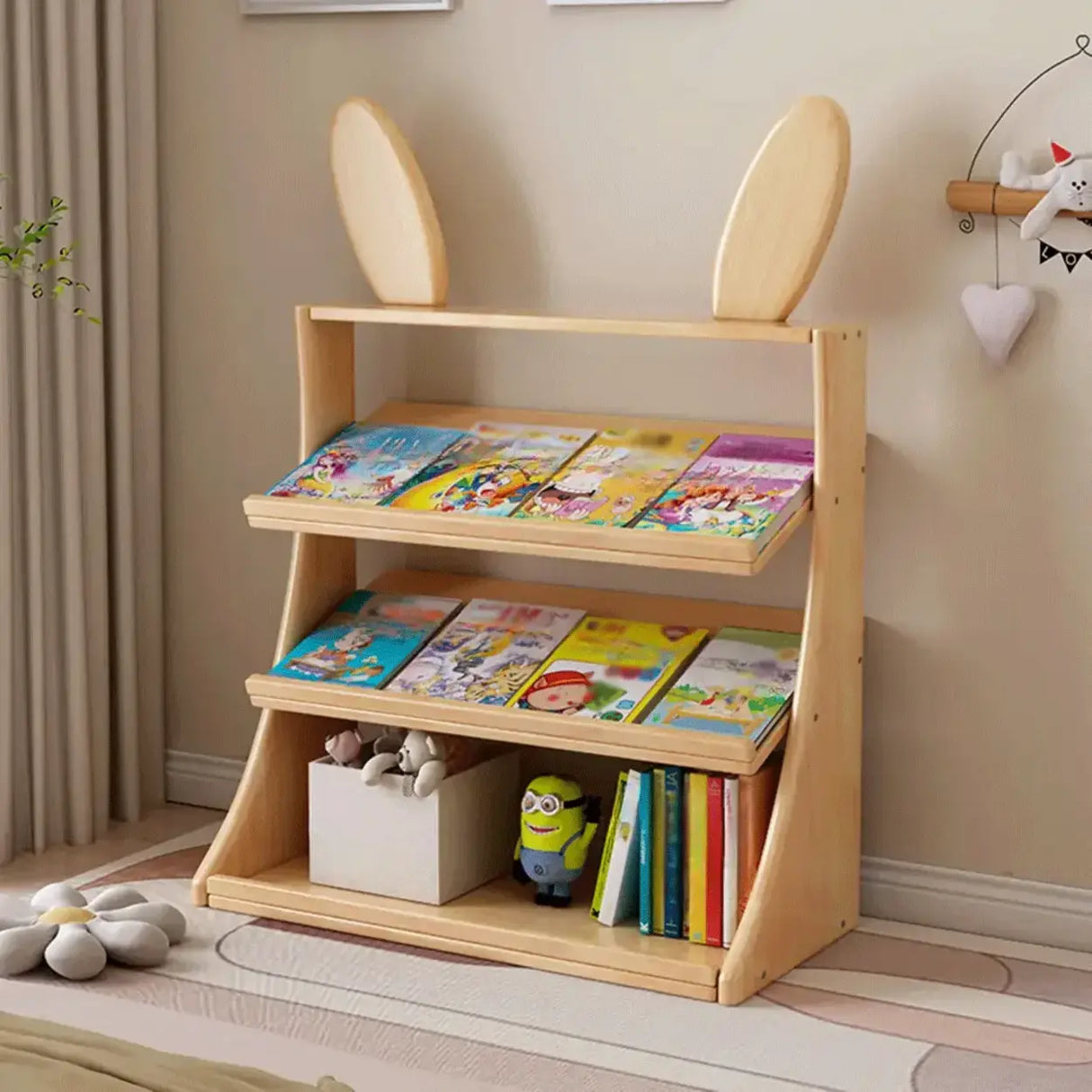 Kids Natural Finish Playful Bunny Ears Wood Bookcase Image - 1