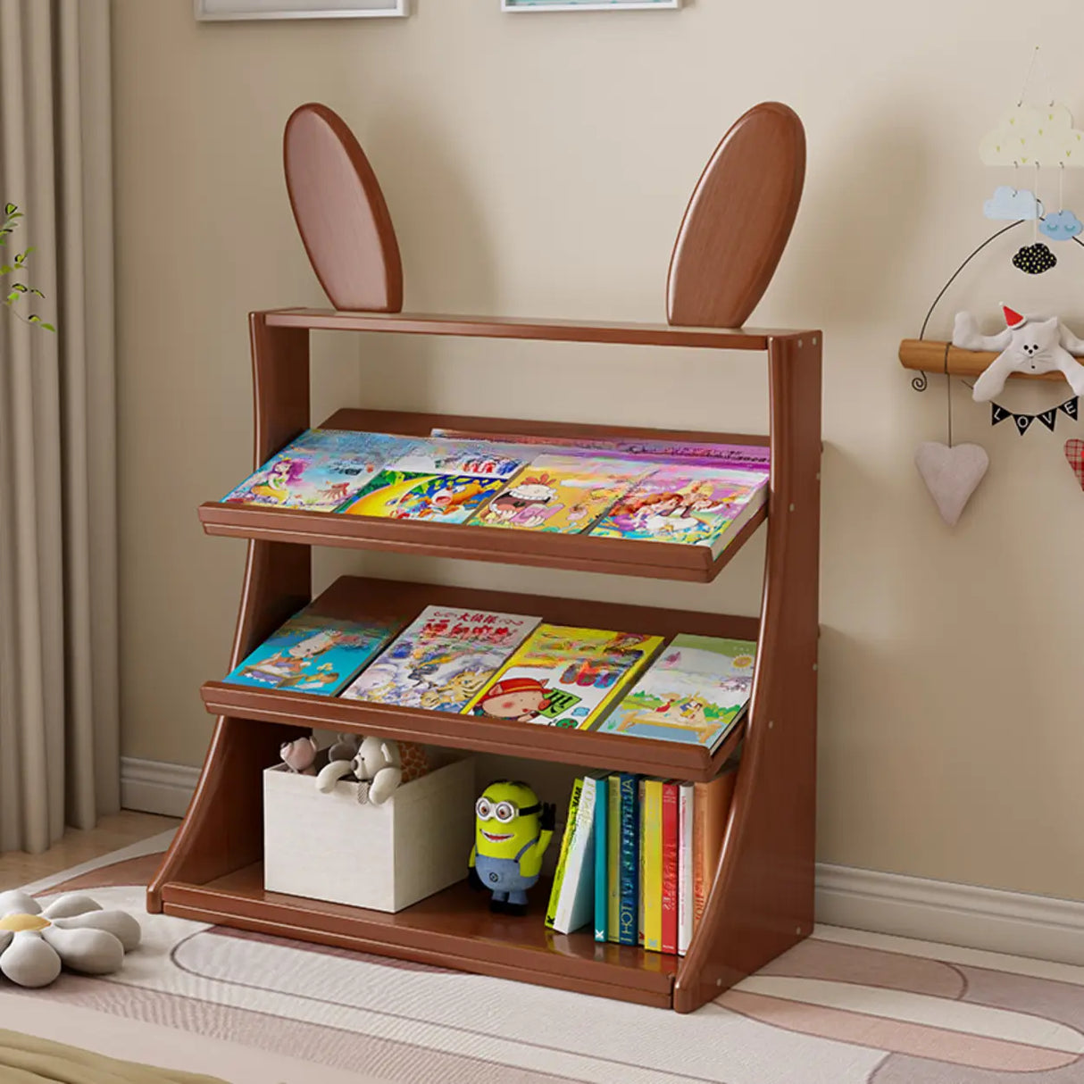 Kids Natural Finish Playful Bunny Ears Wood Bookcase Image - 2