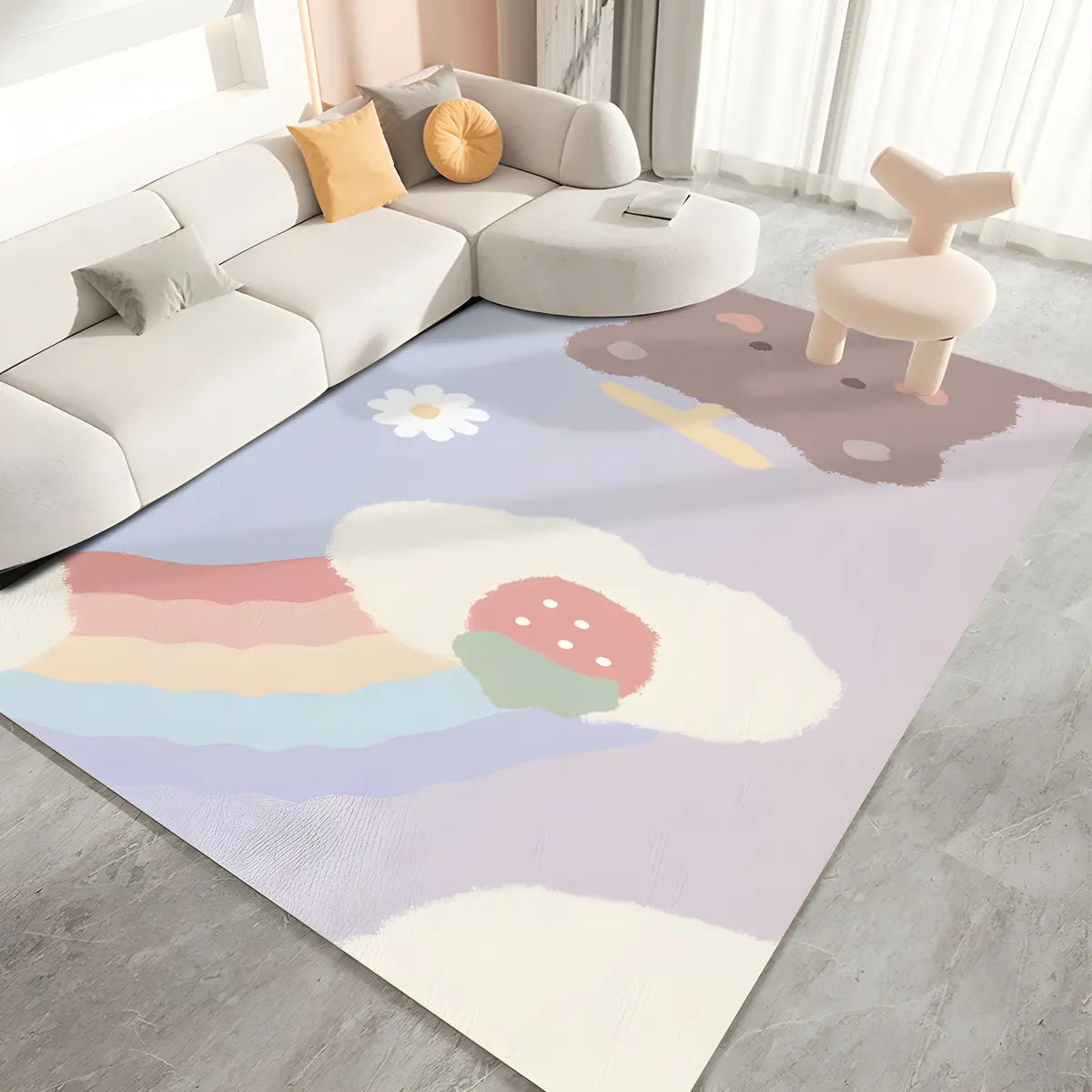 Kids Room Beige Cartoon Rectangle Leather Area Rug Image - 2