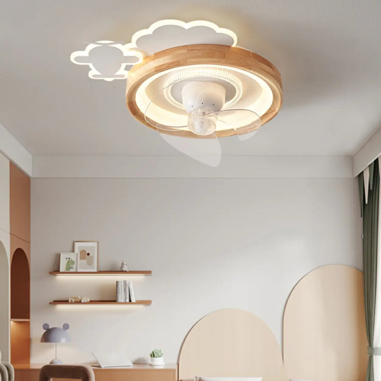 Kids Room Cloud Wood Flush Ceiling Fan with LED Light Image - 4