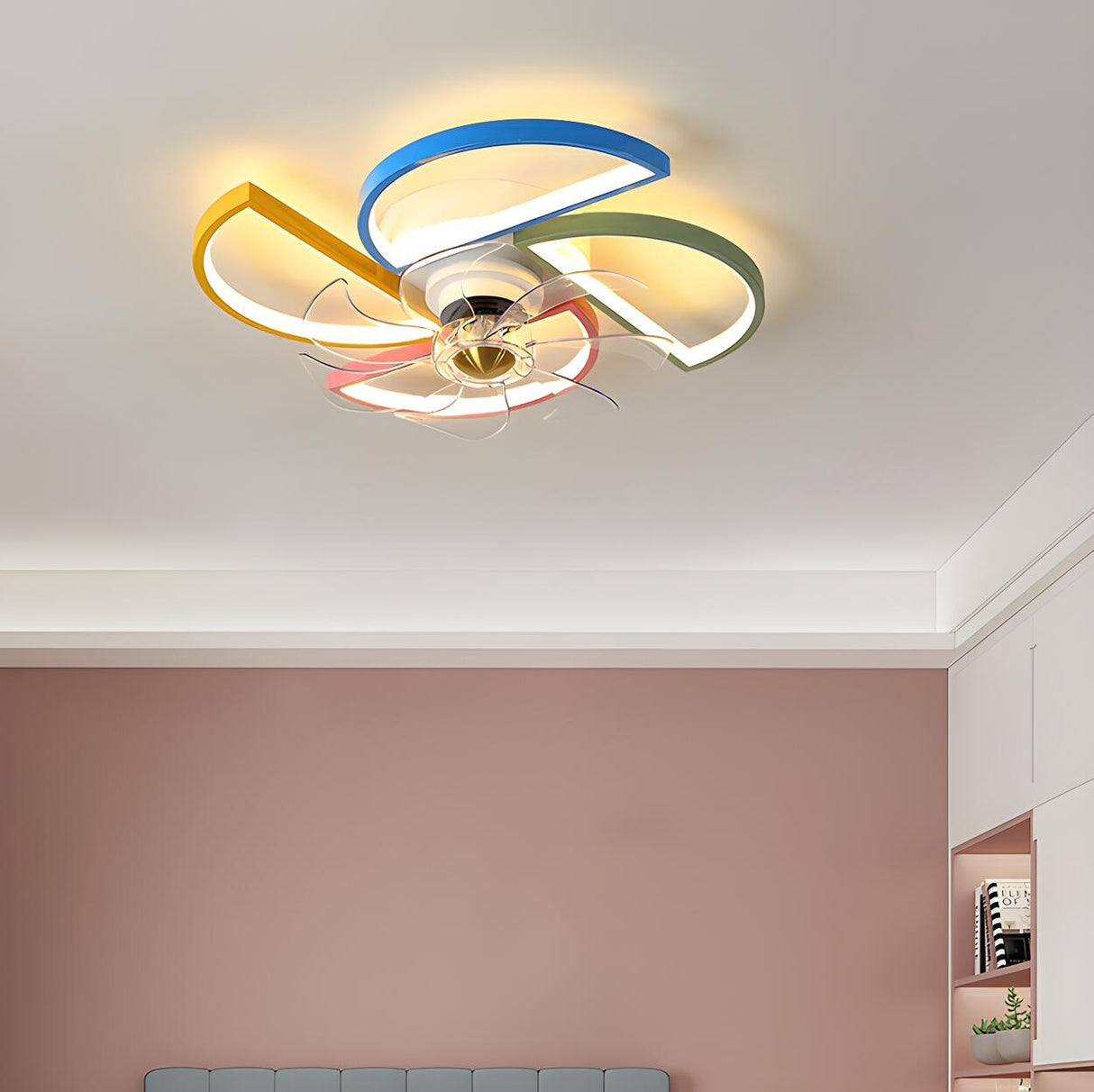 Kids Room Colorful Windmill Flush LED Ceiling Fan Light Image - 11