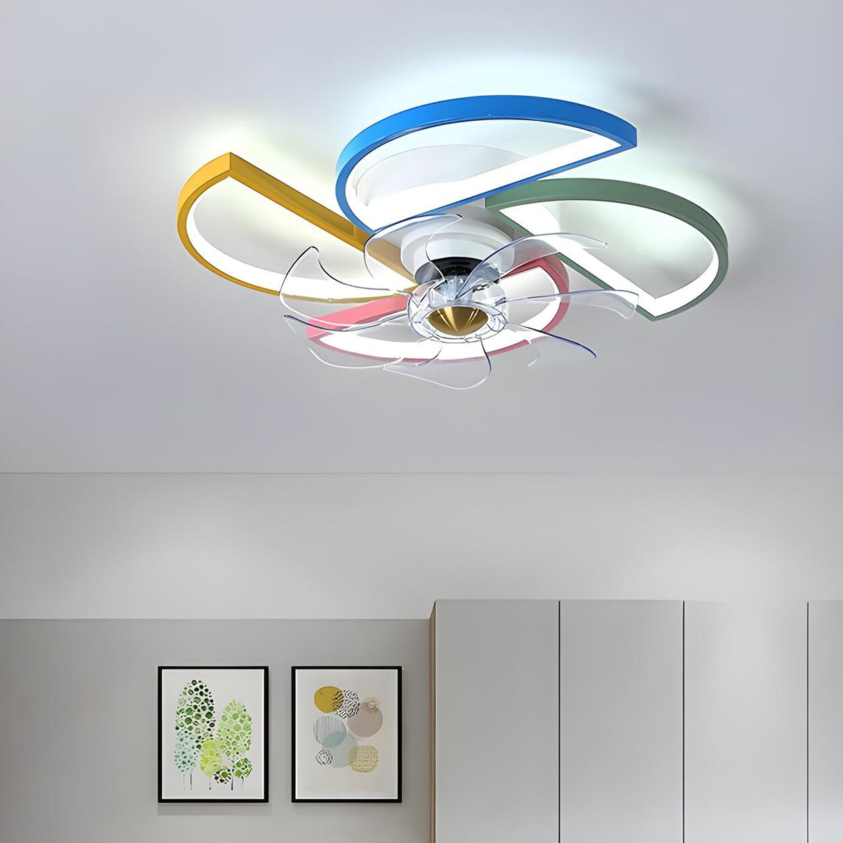 Kids Room Colorful Windmill Flush LED Ceiling Fan Light Image - 3