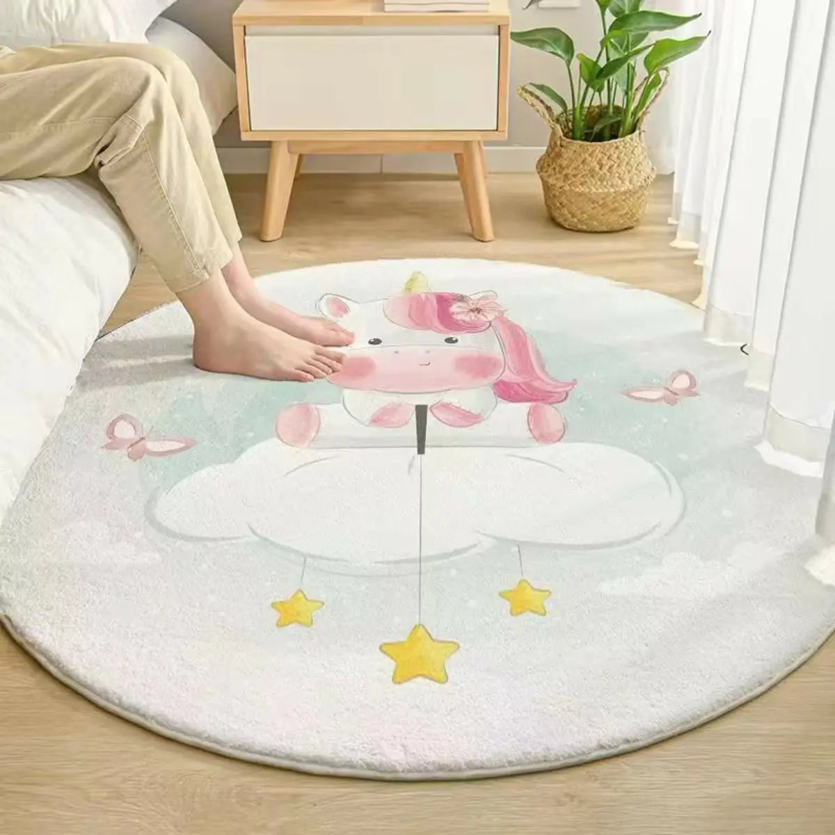 Kids Room Cute Cartoon Fox Round Polyester Pink Area Rug Image - 11