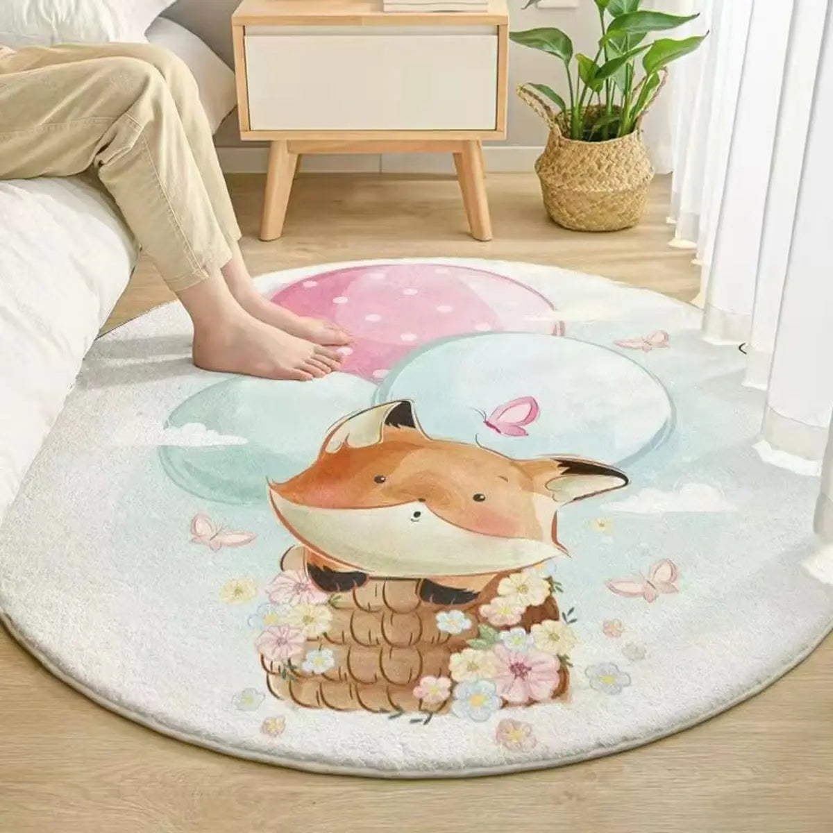 Kids Room Cute Cartoon Fox Round Polyester Pink Area Rug Image - 13