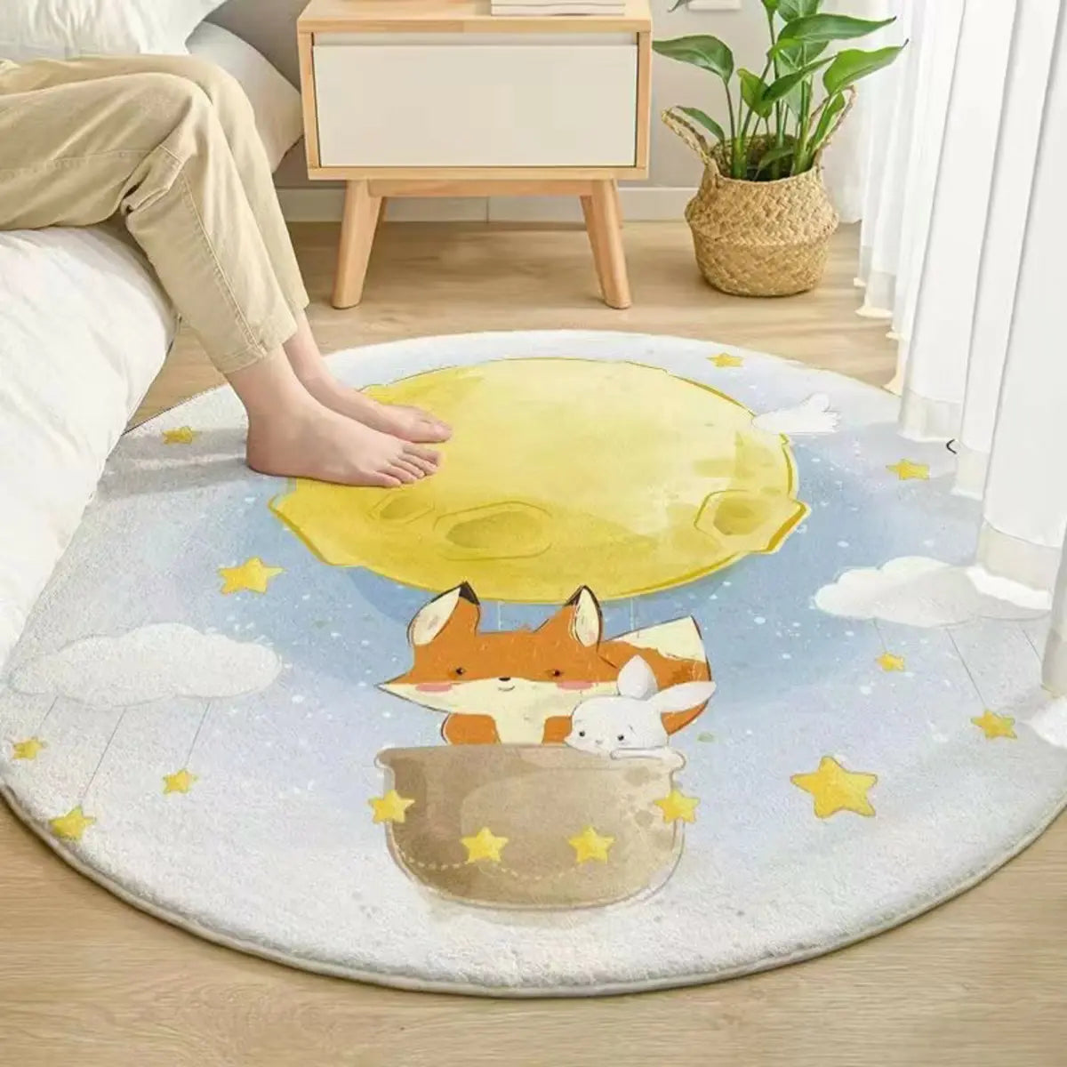 Kids Room Cute Cartoon Fox Round Polyester Pink Area Rug Image - 2