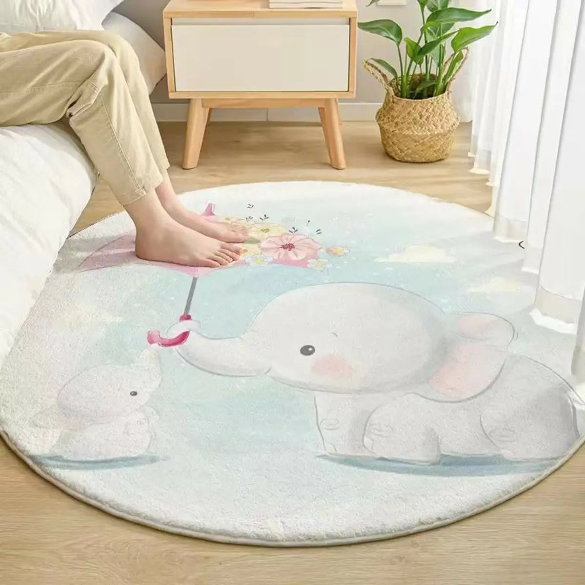Kids Room Cute Cartoon Fox Round Polyester Pink Area Rug Image - 3