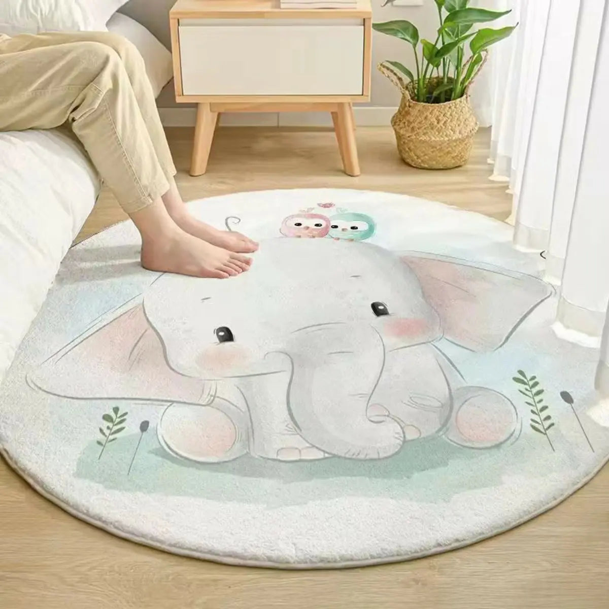 Kids Room Cute Cartoon Fox Round Polyester Pink Area Rug Image - 5